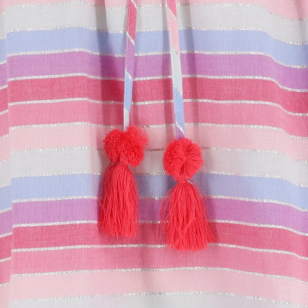 NWT J. Crew Peasant Top in Metallic Pastel Stripe Front Tassel Tie Size L